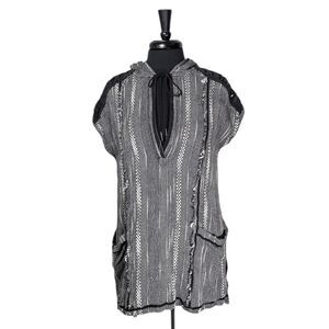 Free People XS Forever Yours Hooded Crochet Boho Stripe Knit Tunic Top Black